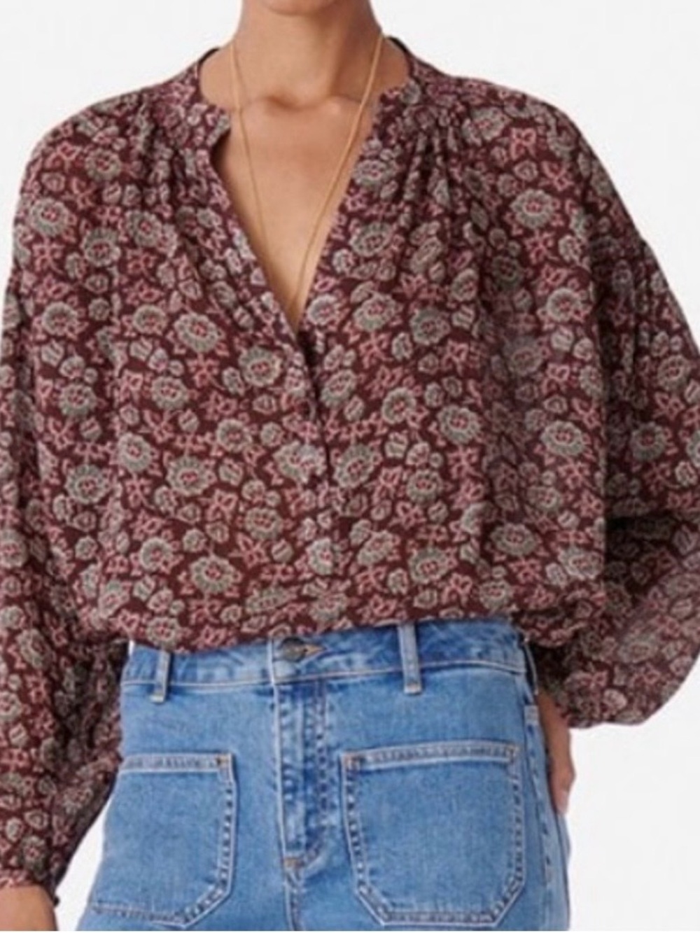 Vanessa Bruno Burgundy Floral Split-Neck Boho Blouse